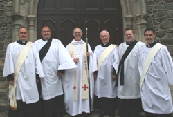 At the service of ordination are, from left: Kenneth Gamble, John McClure; Archbishop Alan Harper; Cambpell Dixon; Barry Forde and Mark Reid.